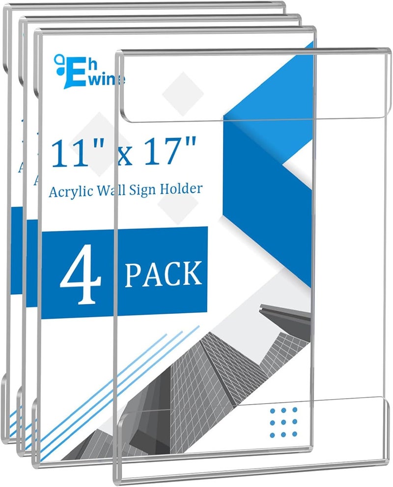 EHWINE 4 Pack 11x17 Wall Mount Acrylic Sign Holder, Wall Signs Photo Menu Flyer Display Holders, Plastic Clear Acrylic Frames for Office Home Hotel Business Store (with Adhesive Tape) - Image 1